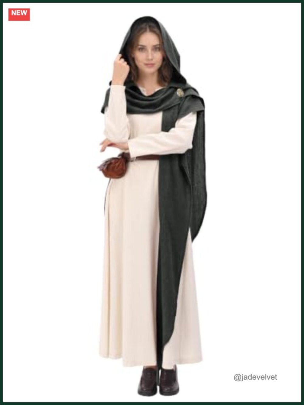 Medieval Hooded Shawl Scarf Renaissance Cowl Cape with Brooch One Size